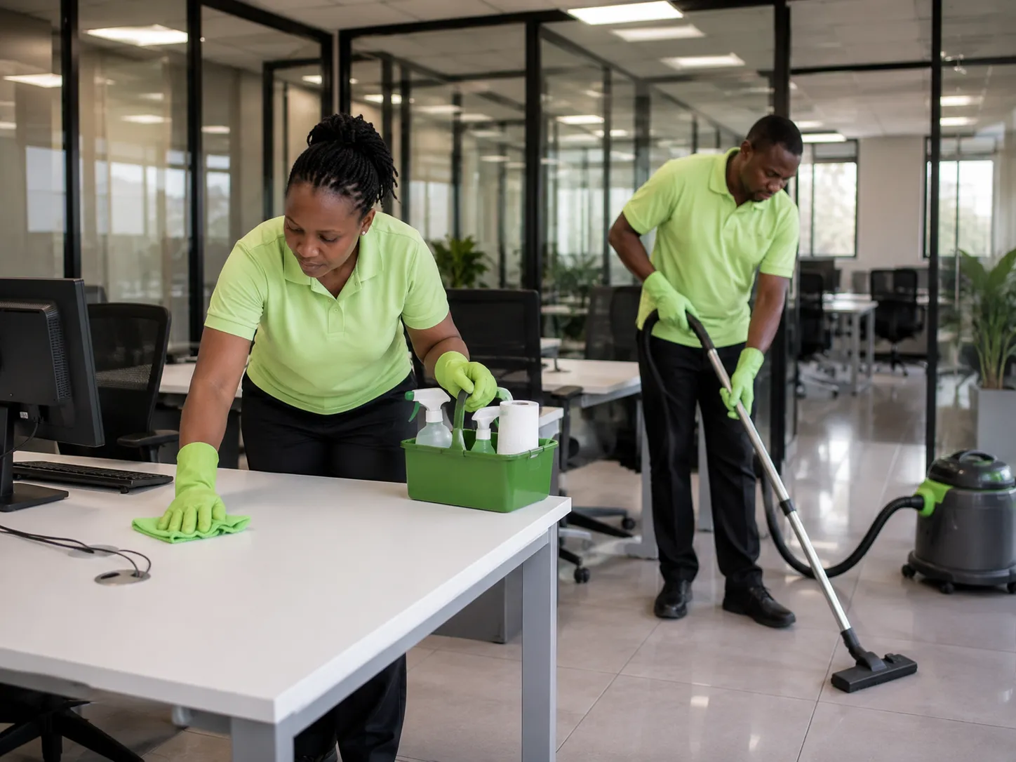 Kenyan commercial cleaners working in a bright office